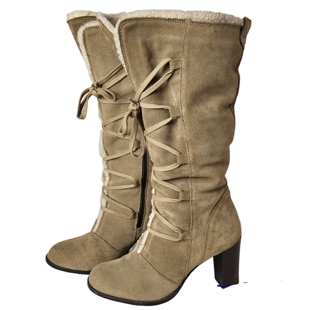 Andrē tan suede heeled faux shearling lace up front + side zipper Sz 37